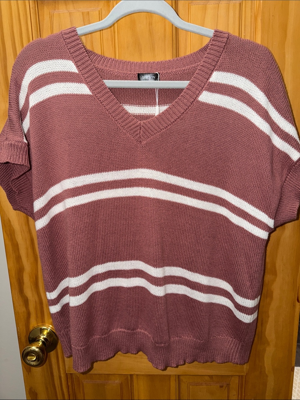 SHEIN Mauve and White Striped V-Neck Sweater